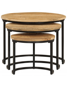 Tavolini a Incastro 3 pz in Legno Massello Grezzo di Mango