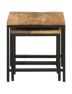 Tavolini a Incastro 3 pz Legno Massello di Mango Grezzo e Ferro