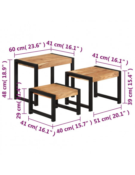 Tavolini Impilabili 3 pz in Legno Massello e Finitura Sheesham