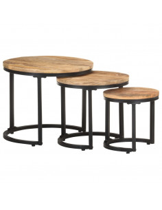 Tavolini Laterali 3 pz in Legno di Mango Grezzo