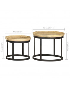 Tavolini Rotondi 2 pz in Legno Massello di Mango e Acciaio