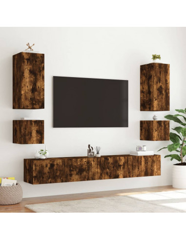Mobile TV a Parete con Luci LED Rovere Fumo 100x35x31 cm