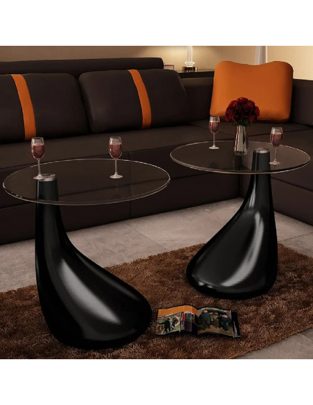 Tavolino da Caffè 2 pz Ripiano Rotondo in Vetro Nero Lucido