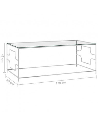 Tavolino da Caffè Argento 120x60x45 cm in Acciaio Inox e Vetro