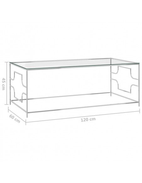 Tavolino da Caffè Argento 120x60x45 cm in Acciaio Inox e Vetro