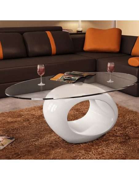 Tavolino da Caffè con Ripiano Ovale in Vetro Bianco Lucido