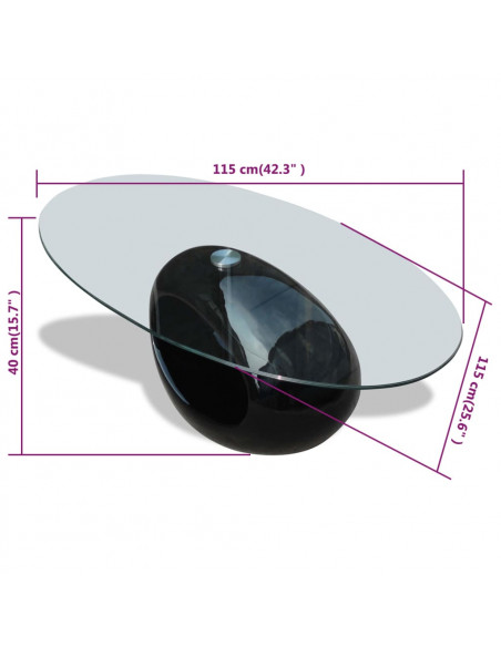 Tavolino da Salotto con Ripiano Ovale in Vetro Nero Lucido
