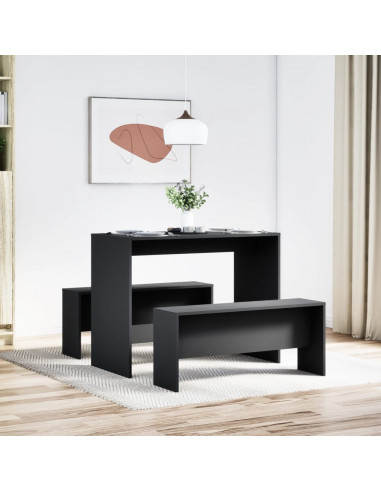 Set Tavolo da Pranzo e Panche 3 pz Nero in Truciolato