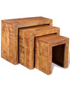 Tavolini Impilabili Set 3 pz in Legno Massello di Mango 2