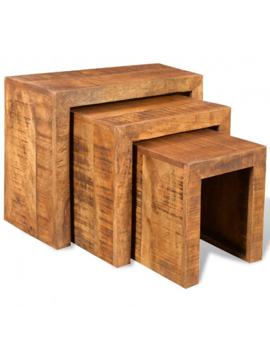 Tavolini Impilabili Set 3 pz in Legno Massello di Mango