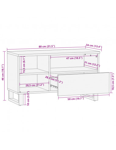 Mobile Porta TV 80x34x46 cm in Legno Massello di Mango