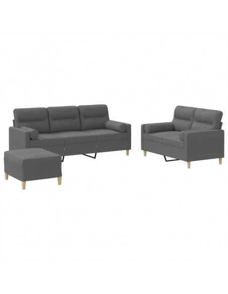 Set di Divani 3 pz con Cuscini Grigio Scuro in Tessuto