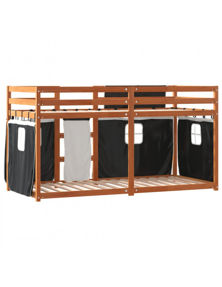 Letto a Castello con Tende Bianco e Nero 80x200cm Massello Pino