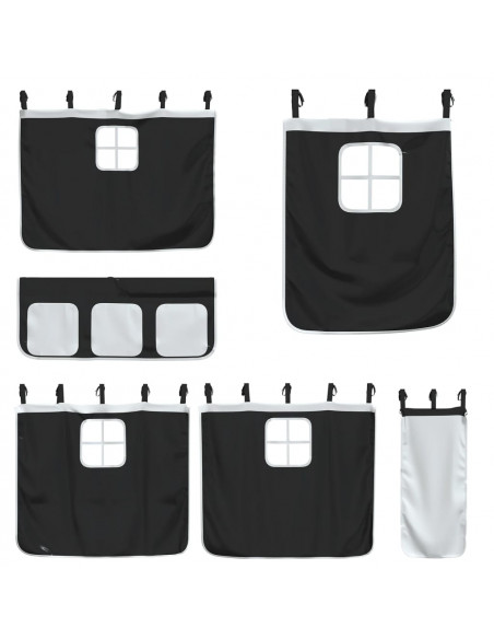 Letto a Castello con Tende Bianco e Nero 80x200cm Massello Pino