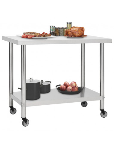 Tavolo da Lavoro Cucina con Ruote 100x60x85 cm in Acciaio Inox