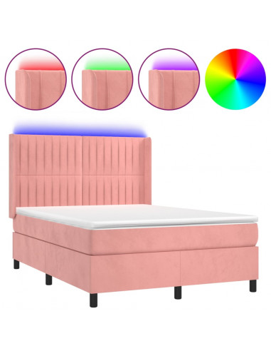 Letto a Molle con Materasso e LED Rosa 140x190 cm in Velluto