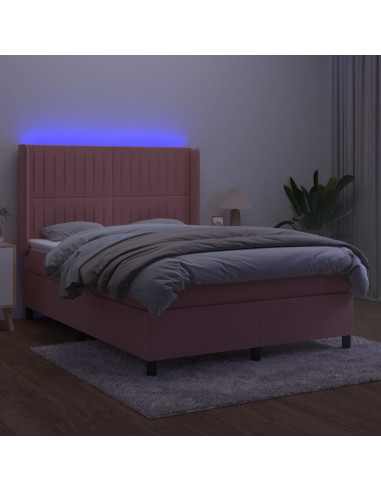 Letto a Molle con Materasso e LED Rosa 140x190 cm in Velluto