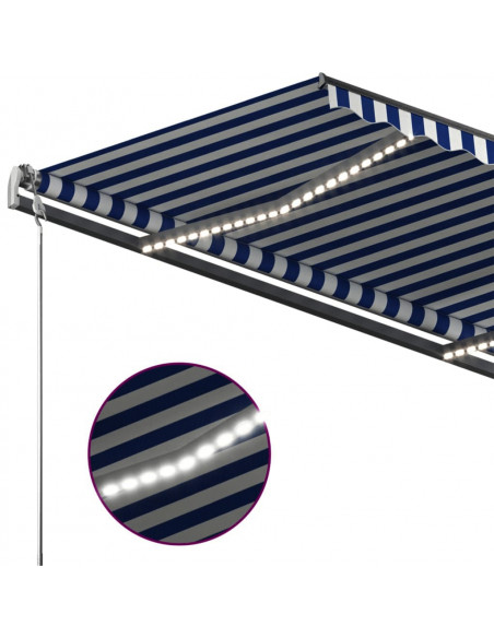 Tenda da Sole Retrattile Manuale con LED 450x350 cm Blu Bianco