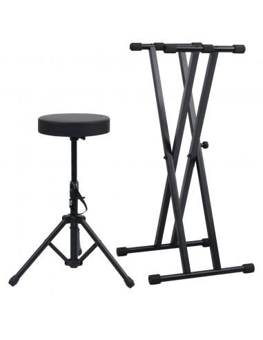 Set Supporto per Tastiera a Doppia Staffa con Sgabello Nero