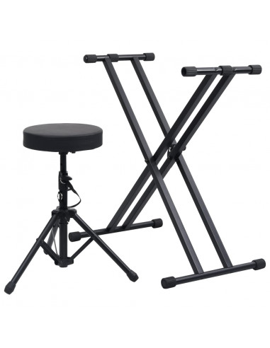 Set Supporto per Tastiera a Doppia Staffa con Sgabello Nero