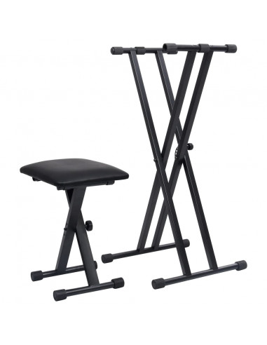 Set Supporto per Tastiera a Doppia Staffa con Sgabello Nero