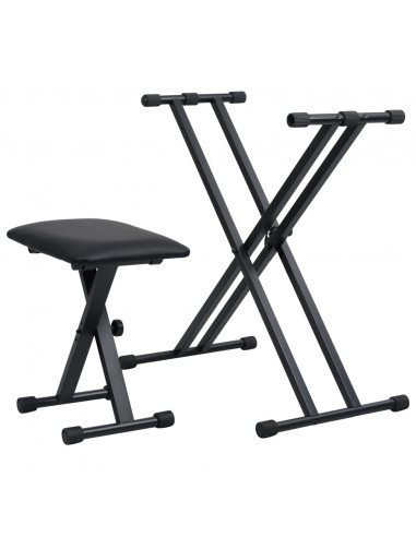 Set Supporto per Tastiera a Doppia Staffa con Sgabello Nero