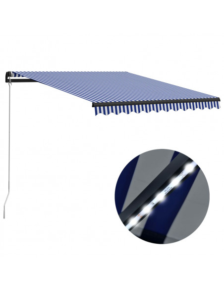 Tenda da Sole Retrattile Manuale con LED 300x250cm Blu e Bianco