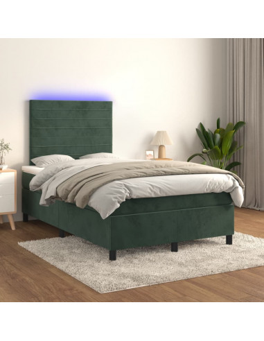 Letto a Molle con Materasso e LED Verde Scuro 120x190cm Velluto