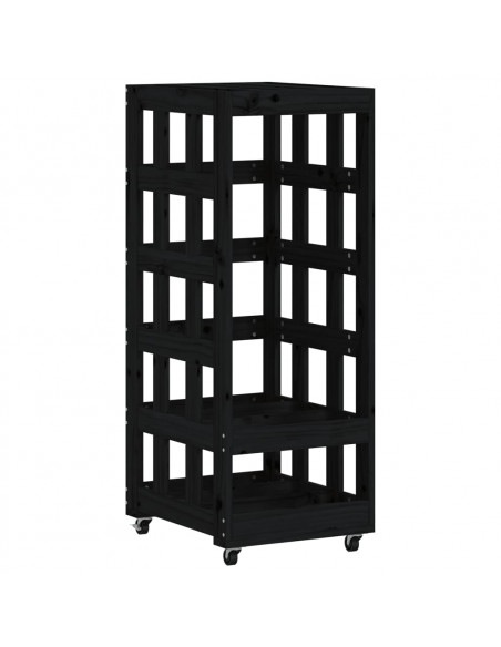 Portalegna con Ruote Nero 40x49x110 cm Legno Massello di Pino