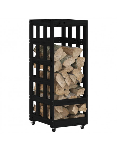 Portalegna con Ruote Nero 40x49x110 cm Legno Massello di Pino