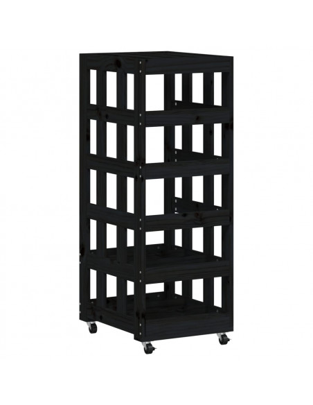 Portalegna con Ruote Nero 40x49x110 cm Legno Massello di Pino