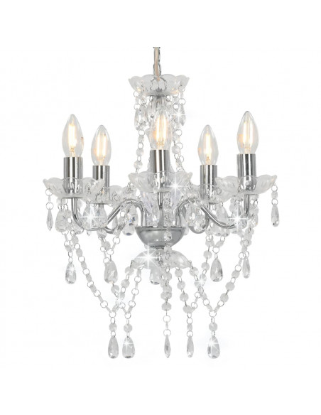 Lampadario con Perline di Cristallo Argento Tondo 5 E14