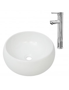 Lavello Bagno con Miscelatore in Ceramica Rotondo Bianco 2