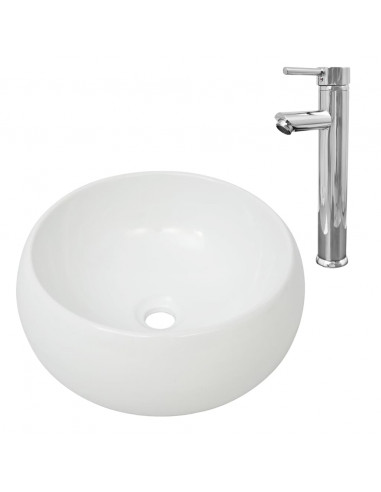 Lavello Bagno con Miscelatore in Ceramica Rotondo Bianco