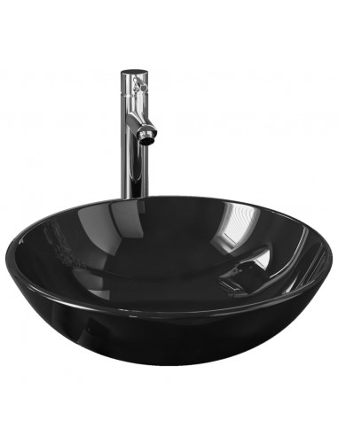 Lavandino Bagno con Rubinetto e Piletta in Vetro Temperato Nero