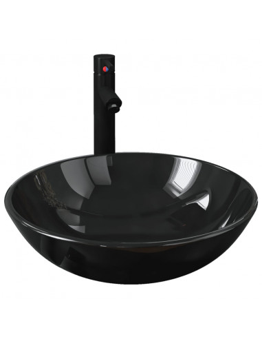 Lavandino Bagno con Rubinetto e Piletta in Vetro Temperato Nero