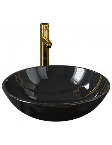 Lavandino Bagno con Rubinetto e Piletta in Vetro Temperato Nero