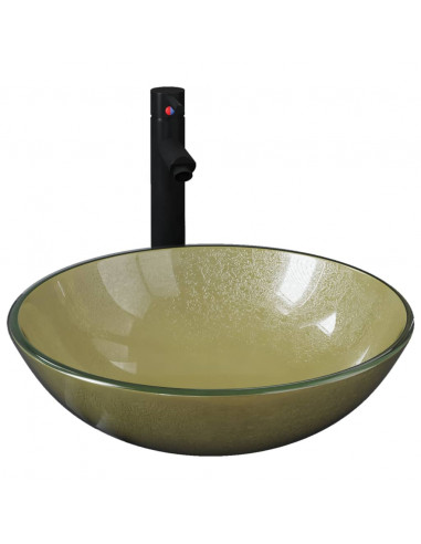Lavandino con Rubinetto e Piletta a Pressione Vetro Temperato Oro