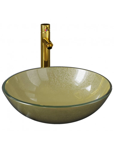 Lavandino Rubinetto e Piletta a Pressione Vetro Temperato Oro