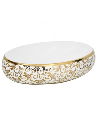 Lavabo da Appoggio Bianco e Oro Ovale 59x40x15 cm Ceramica