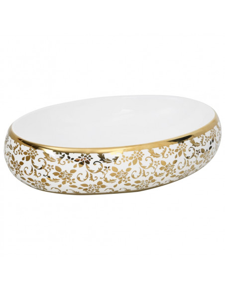 Lavabo da Appoggio Bianco e Oro Ovale 59x40x15 cm Ceramica