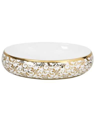 Lavabo da Appoggio Bianco e Oro Ovale 59x40x15 cm Ceramica