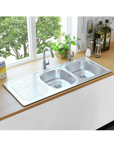 Lavello da Cucina Doppio con Filtro e Sifone in Acciaio Inox