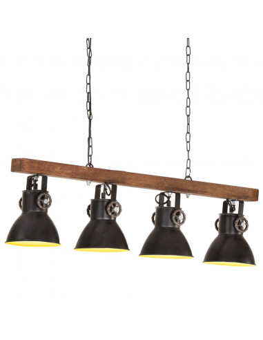 Lampada a Sospensione Industriale Nera E27 Legno di Mango