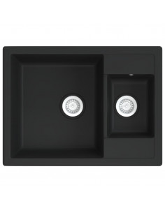 Lavello da Cucina Doppio con Foro Troppopieno Nero in Granito 2