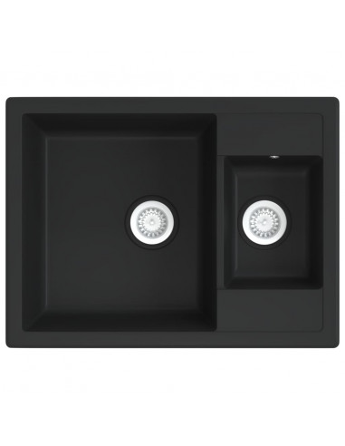 Lavello da Cucina Doppio con Foro Troppopieno Nero in Granito