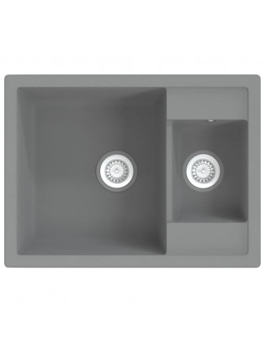 Lavello da Cucina Doppio con Foro Troppopieno Grigio in Granito
