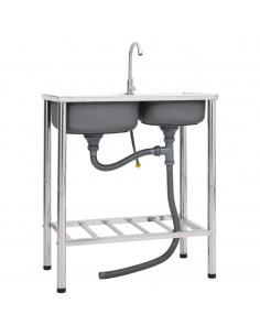 Lavello da Campeggio Vasca Doppia con Rubinetto in Acciaio Inox 2