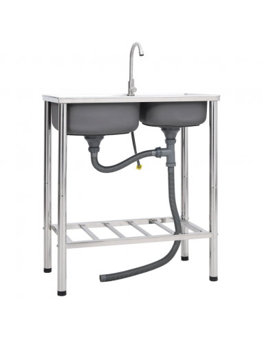 Lavello da Campeggio Vasca Doppia con Rubinetto in Acciaio Inox