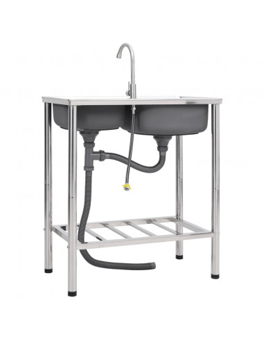 Lavello da Campeggio Vasca Doppia con Rubinetto in Acciaio Inox